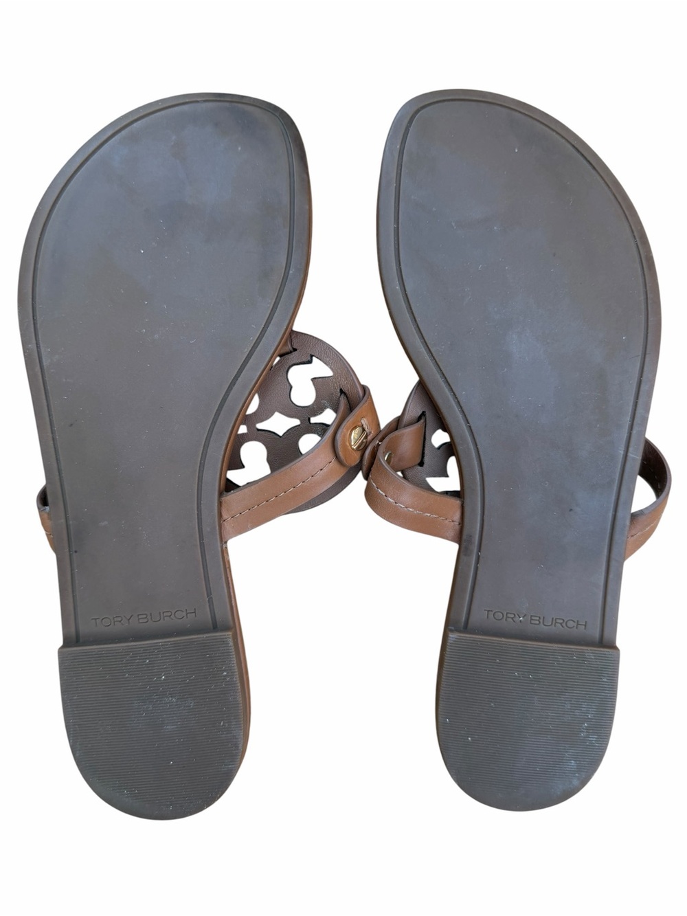 Tory Burch Miller Sandals Brown Leather Logo Thong Flats Size 8 - Picture 6 of 8